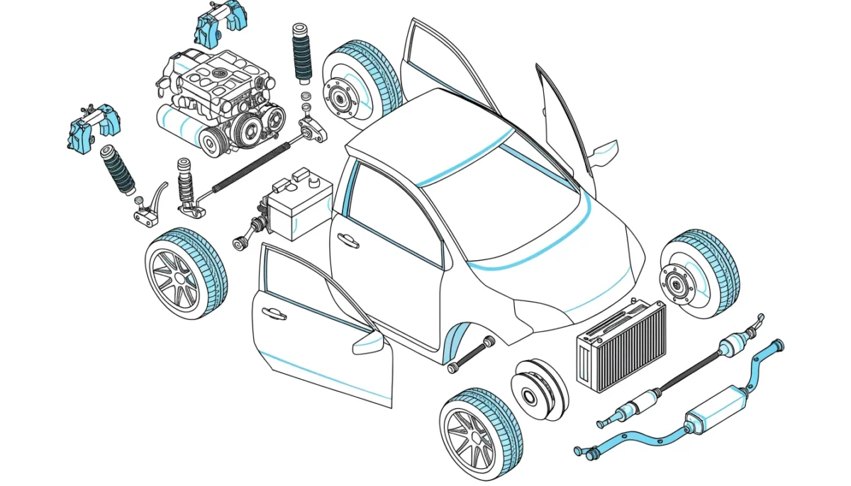 Vue éclatée d’une voiture : moteur, suspensions, freins, roues, cardans, échappement, portières